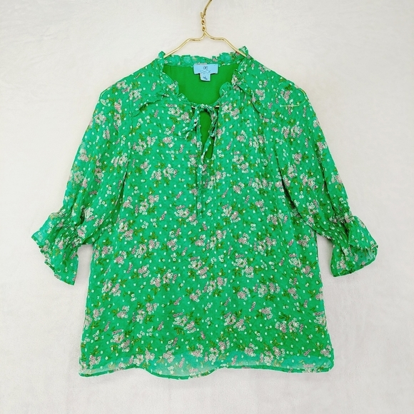 CeCe Green Floral Blouse - Picture 1 of 7